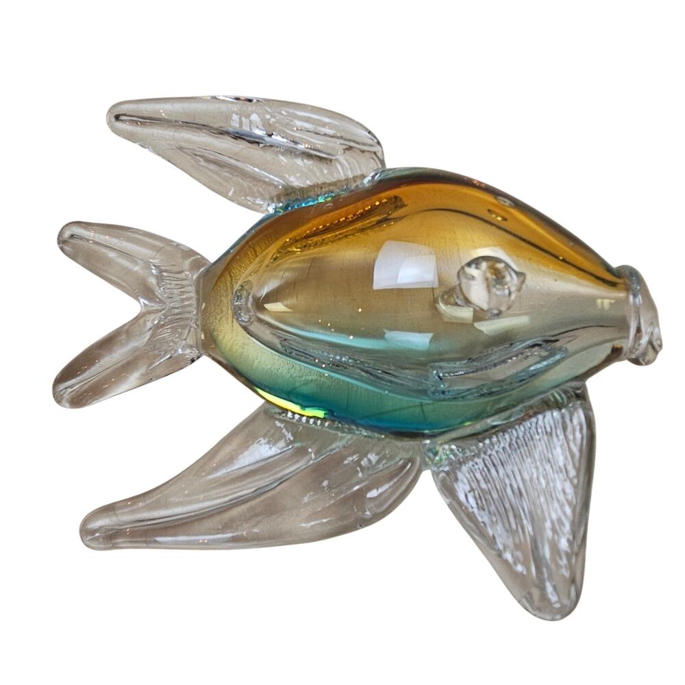 VTG Blown Glass Fish Paperweight Ombre Orange Blue Tones Clear Glass Fins Tail